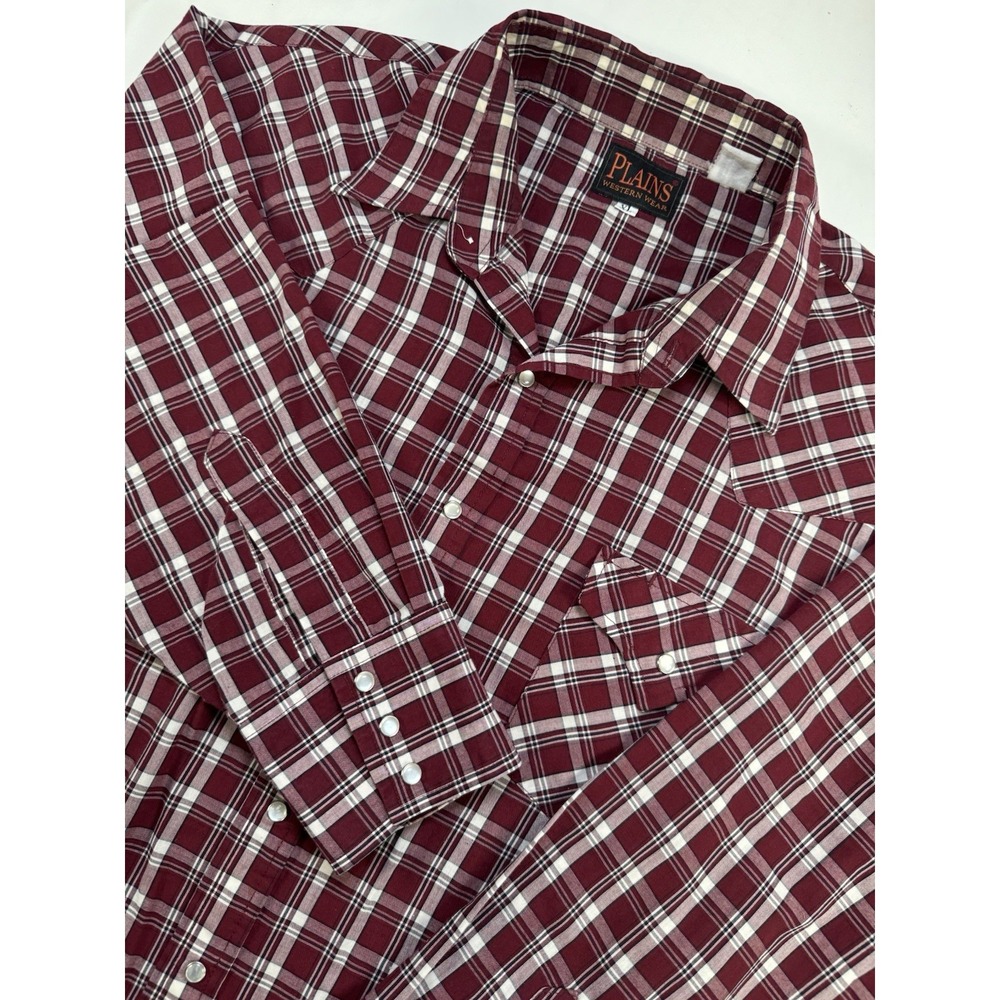 Plains Western Wear Shirt‎ Mens XL Burgundy Plaid Pearl Snap Western Rodeo